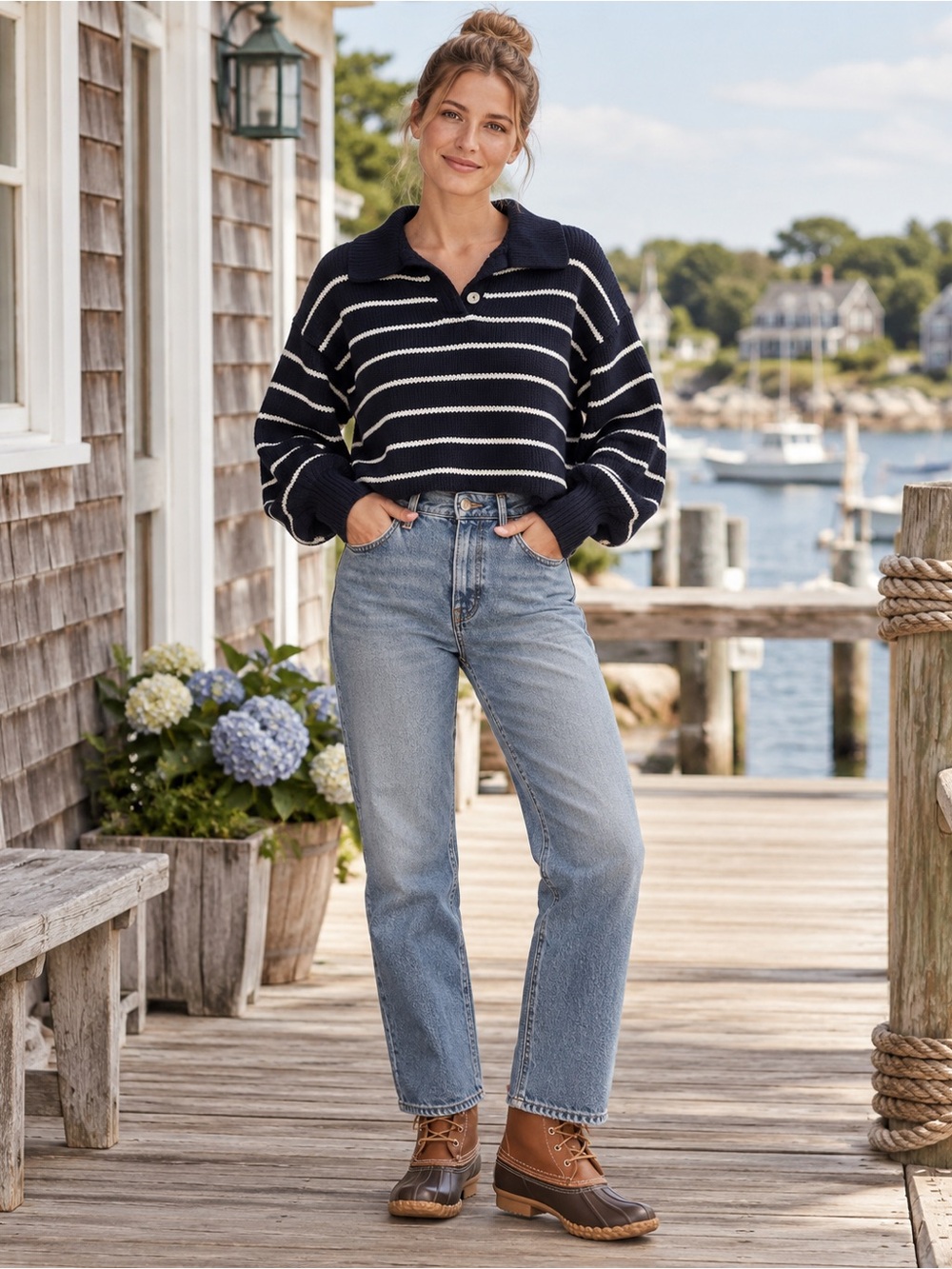 Navy White Striped Cropped Polo Sweater chunky fisherman Balloon Sleeve Nautical